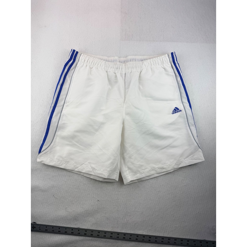 Adidas Mens White Blue 3-Stripe Athletic Training Shorts Elastic Waist